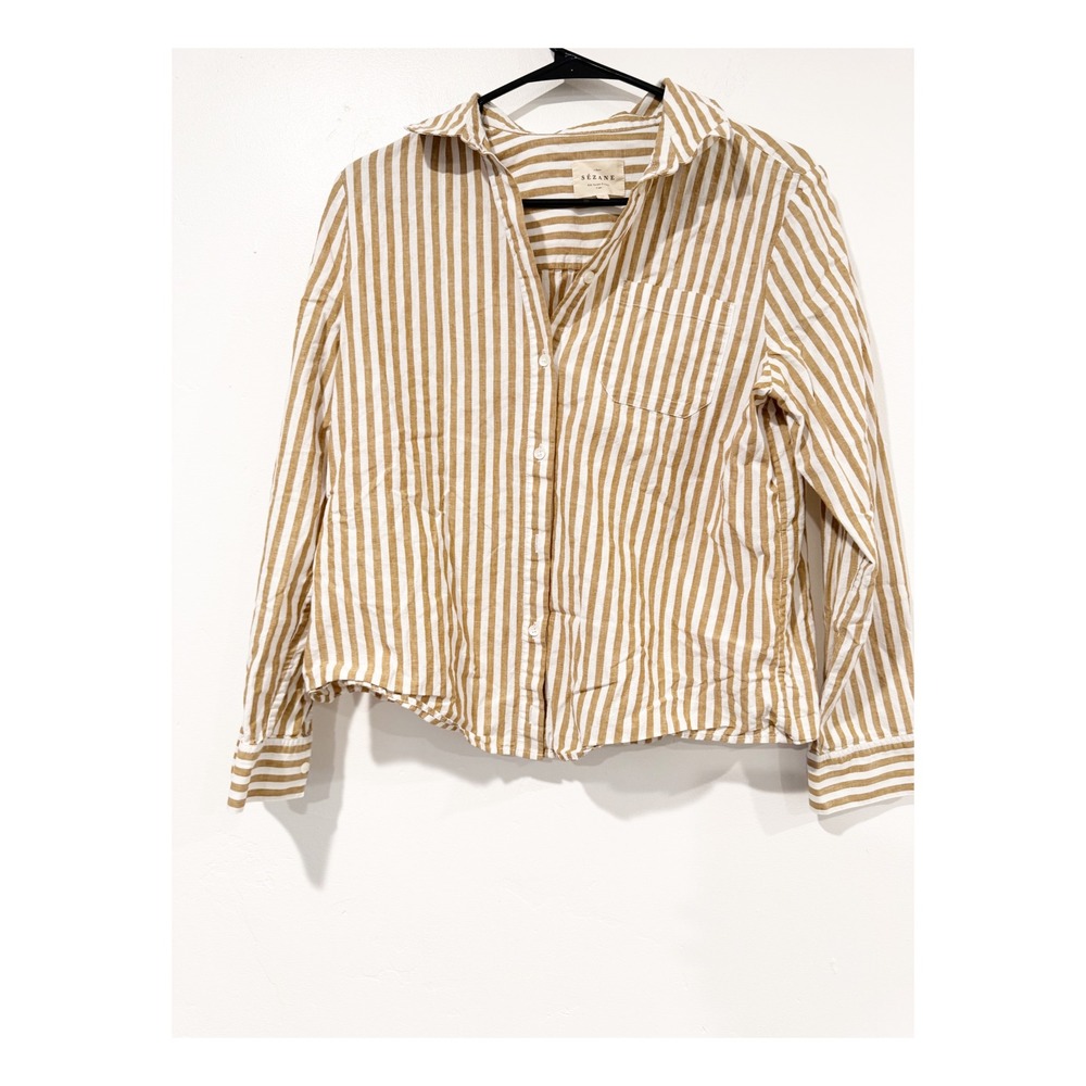 Sezane Tan White Striped Button Down Shirt Long Sleeve Pocket Top Size 38 US 6
